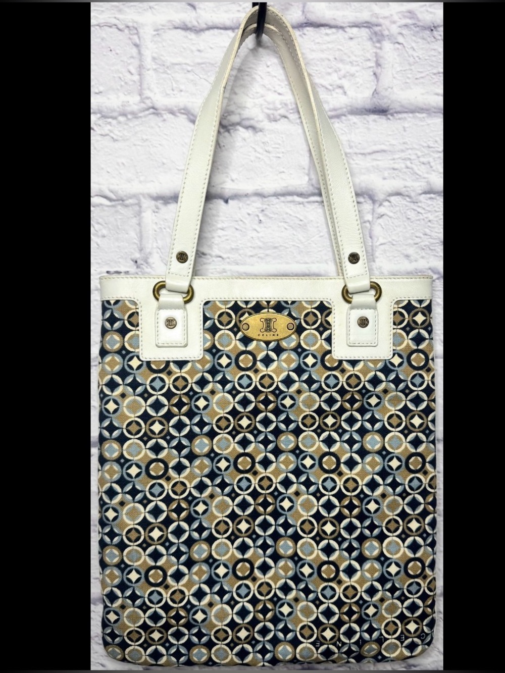 Celine Navy, White & Tan Geometric Print Tote